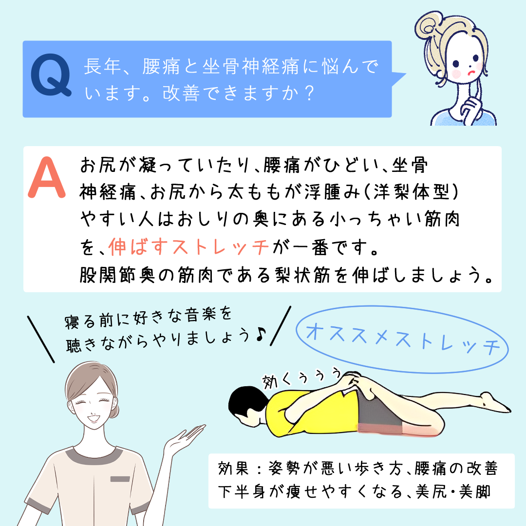 姿勢が悪い歩き方、腰痛の改善、下半身が痩せやすくなる、美尻・美脚におすすめのストレッチ