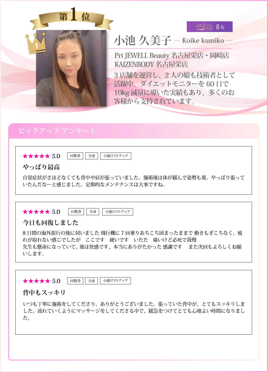 Pri JEWELL Beauty名古屋栄店・KAIZENBODY名古屋栄店の小池久美子の美容と施術の特徴